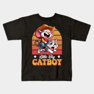 Cartoon Cowboy Mouse Riding on Cat - Little Big Catboy Kids T-Shirt